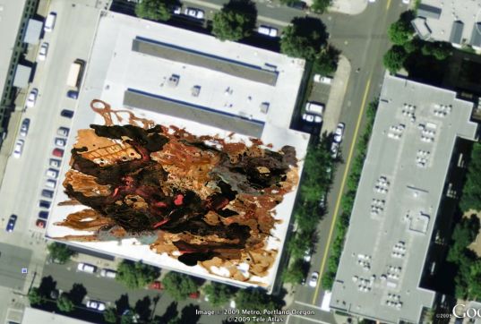 google earth, satellite paintings, molly dillworth, rooftop paintings, recycled materials, public spaces, rooftop design, recycling old paint, green roofs