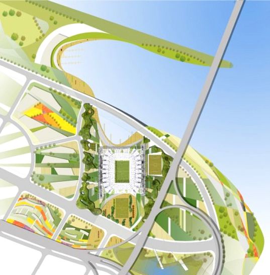 NBBJ, stadium, renewable energy, wind power, solar power, green roof, living walls, innovative stadium design, china, dalian shide