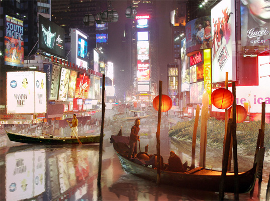 Studio Lindfors Flooded Cities Times Sq flooded cities, global warming, climate change, melting ice caps, rising tides, rising water lines, studio lindfors, new york, tokyo, london, paris