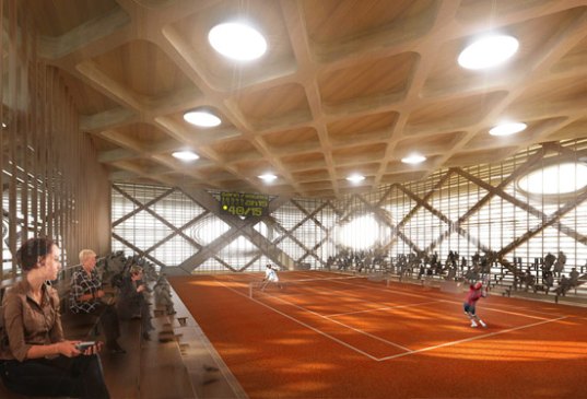 locally sourced materials, local materials, wood, david tajchman, wooden structure, tenniscalator, tennis, tennis center, tennis pavilion, daylighting