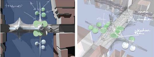 london bridge, design competition, london, vertical farm, organic market, hydroponic farm, pier, solar, wind, vertical axis wind turbine