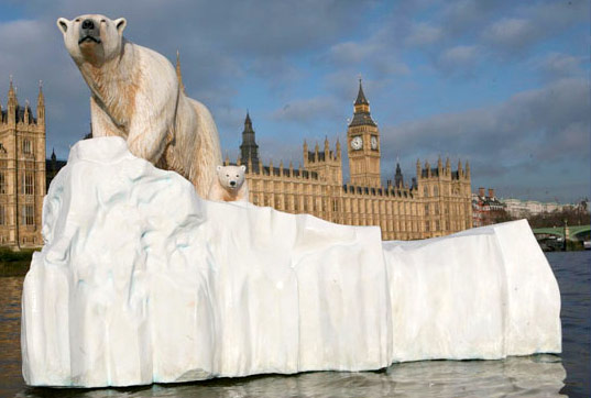 floating polar bear art, global warming art, climate change art, polar bears in the thames, melting ice caps, polar bears in london, eden tv, polar bears climate change, melting ice cap, north pole habitat climate