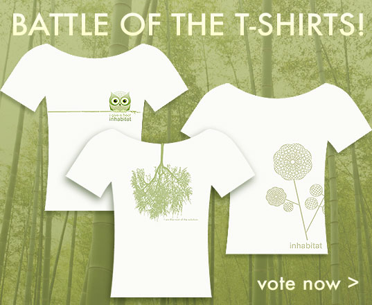 Inhabitat Battle of the T-Shirts!  Inhabitat green design T-shirt competition, green t-shirt competition, green t-shirt design competition, TSDesigns, Branch, Eco-friendly TShirt printing, Green design, Eco Design, Sustainable Design, Eco friendly screen printing, green fabric printing, water based screen printing