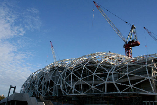 melbourne rectangular stadium, melbourne, australia, sports stadium, stadium, geodesic dome, LED, rainwater collection