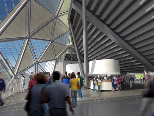 melbourne rectangular stadium, melbourne, australia, sports stadium, stadium, geodesic dome, LED, rainwater collection