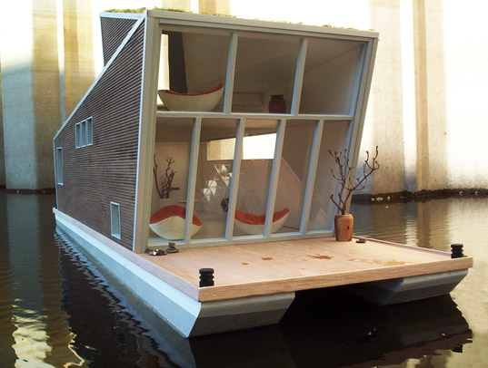 confused direction, schwimmhaus, boat house, sustainable house boat, green roof house boat, green architecture, green building