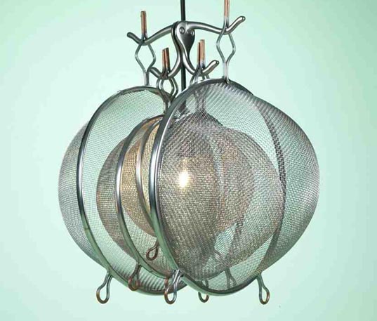 Nicholas Furrow Strainer Lamp, Lamp made from metal strainers, green design, reclaimed design
