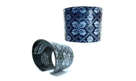 wallpaper recycled vinyl cuff, wrecords by monkey, reycled LP cuff, recycled records, recycled LP jewelry